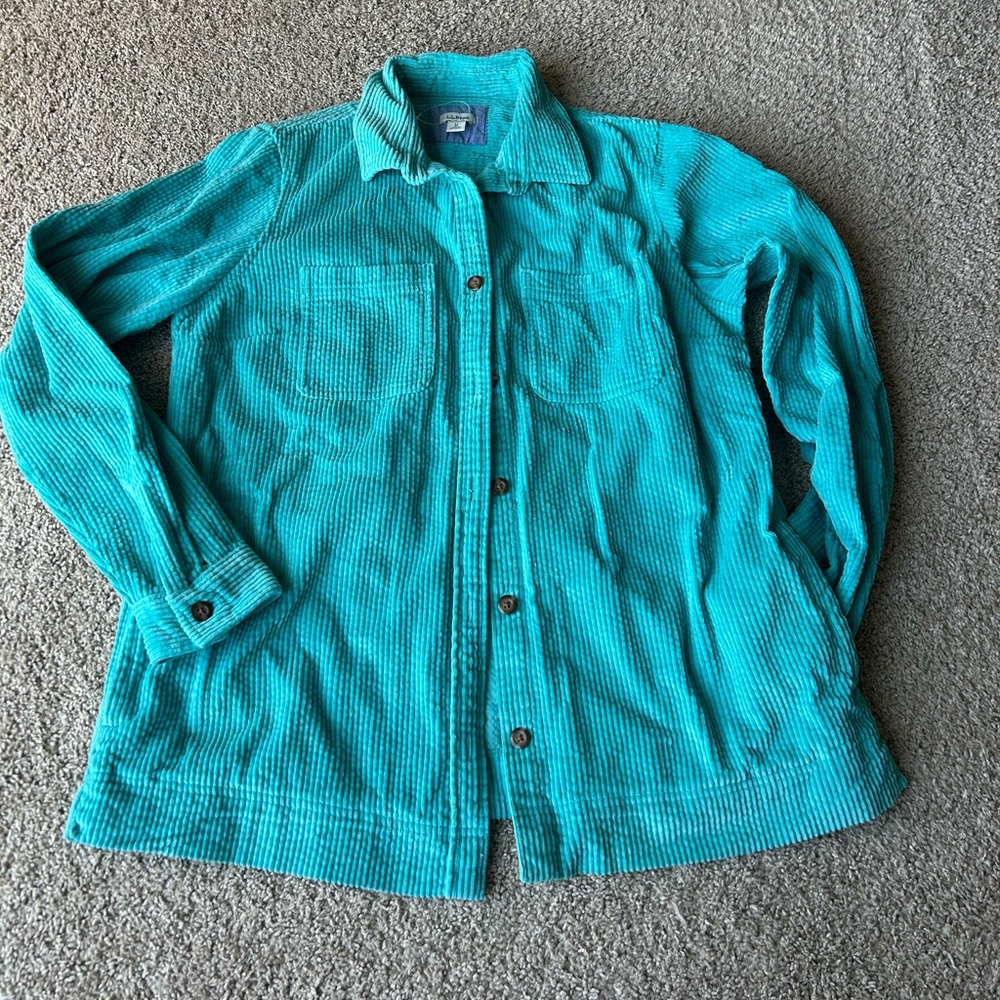 New L.L.BEAN Womens Reef Teal Comfort Corduroy Button Down Shirt Size Large